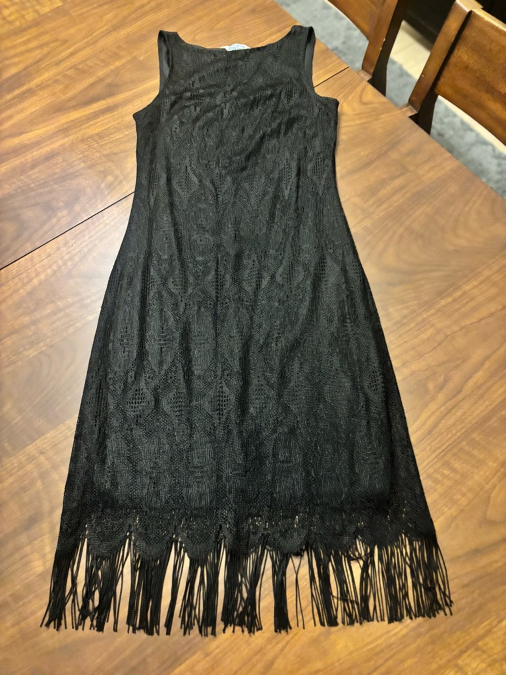 Hourglass Black Fringe Lace Dress XL Sleeveless 90s Flapper Midi Goth - Picture 7 of 11